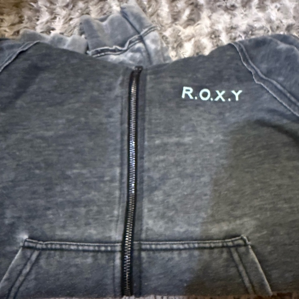 Roxy Charcoal Gray Zip Hoodie with Teal R.O.X.Y. Logo